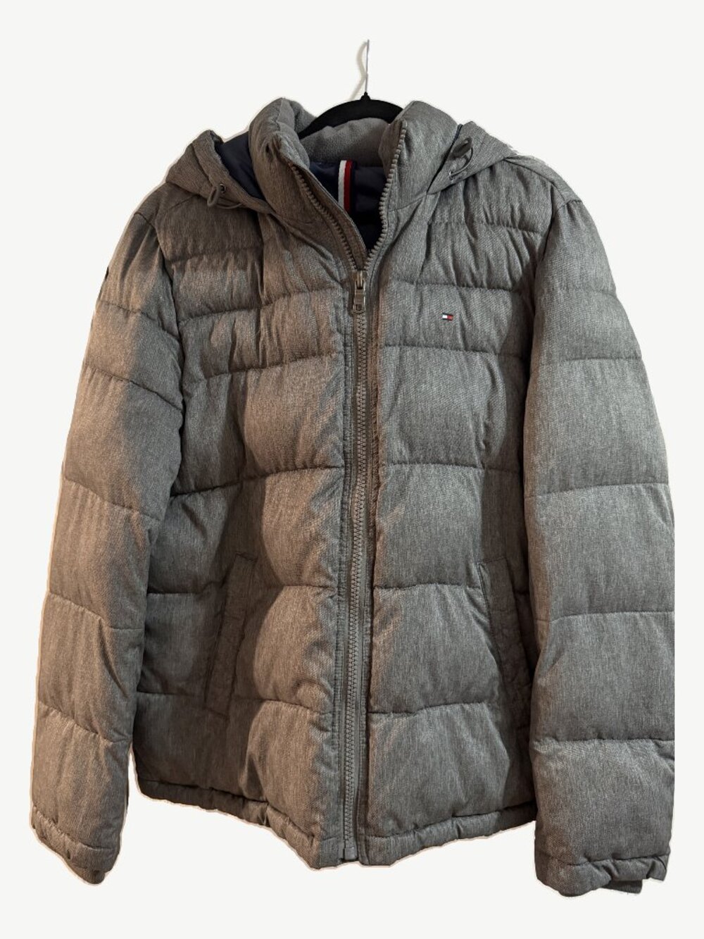 Tommy Hilfiger Gray Heather Hooded Puffer Jacket Full Zip Flag Logo